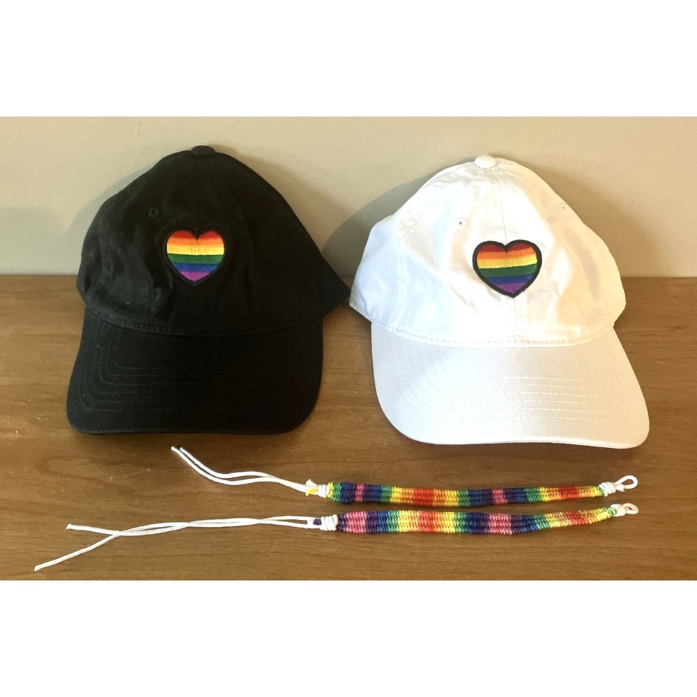 Lot of 2 RAINBOW HEART HATS - Black & White Unisex Baseball Caps w/Bracelets NEW